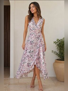chinese dress ladies Calvin Klein Women's Maxi Chiffon Wrap Dress, Indigo Multi at Amazon  Women's Clothing store